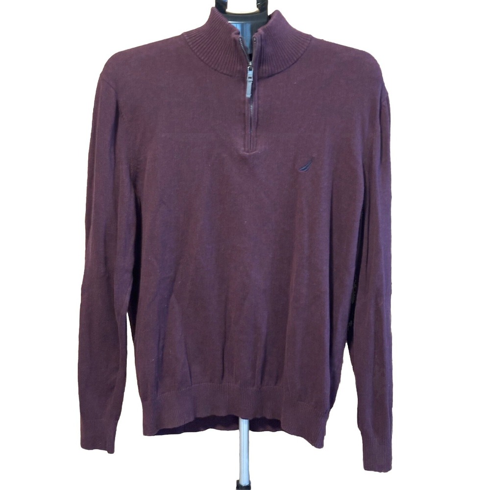 Nautica Sweater‎ Men's Large Purple Quarter Zip 1/4 Cotton Sweater Preppy Casual